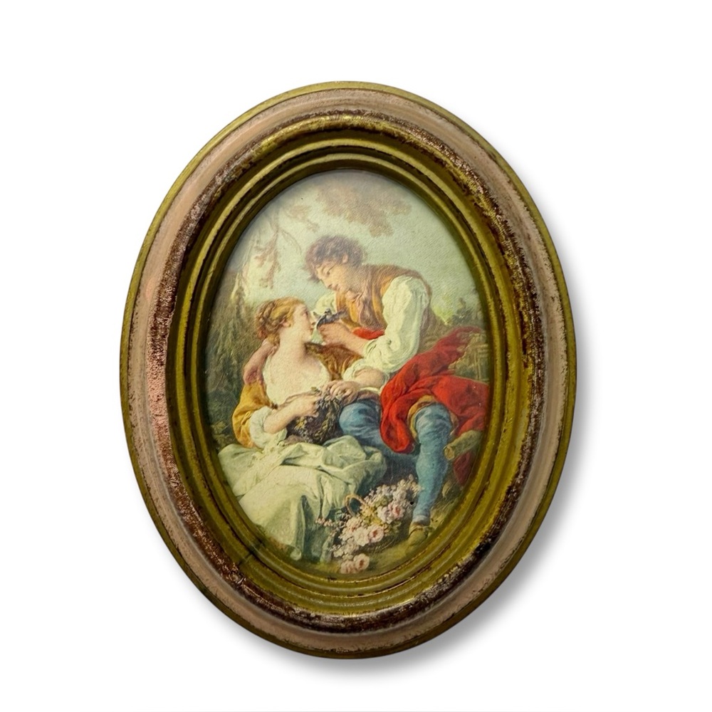 Vintage Regency Era Couple Print Mini Oval Pink Gold Convex Frame Wall Art Italy